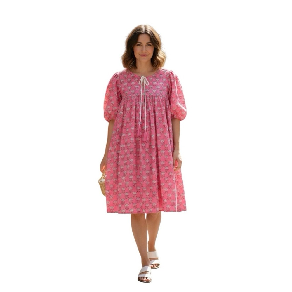 Fox & Hen Block Print Baby Doll Dress Size Medium Pink Floral